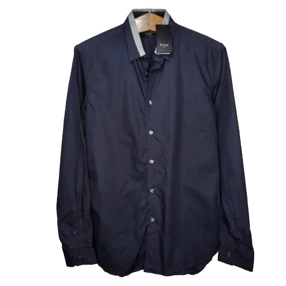NEW Paul Smith Shirt! Small Dark Navy With Silver Tipped Collar SLIM FIT